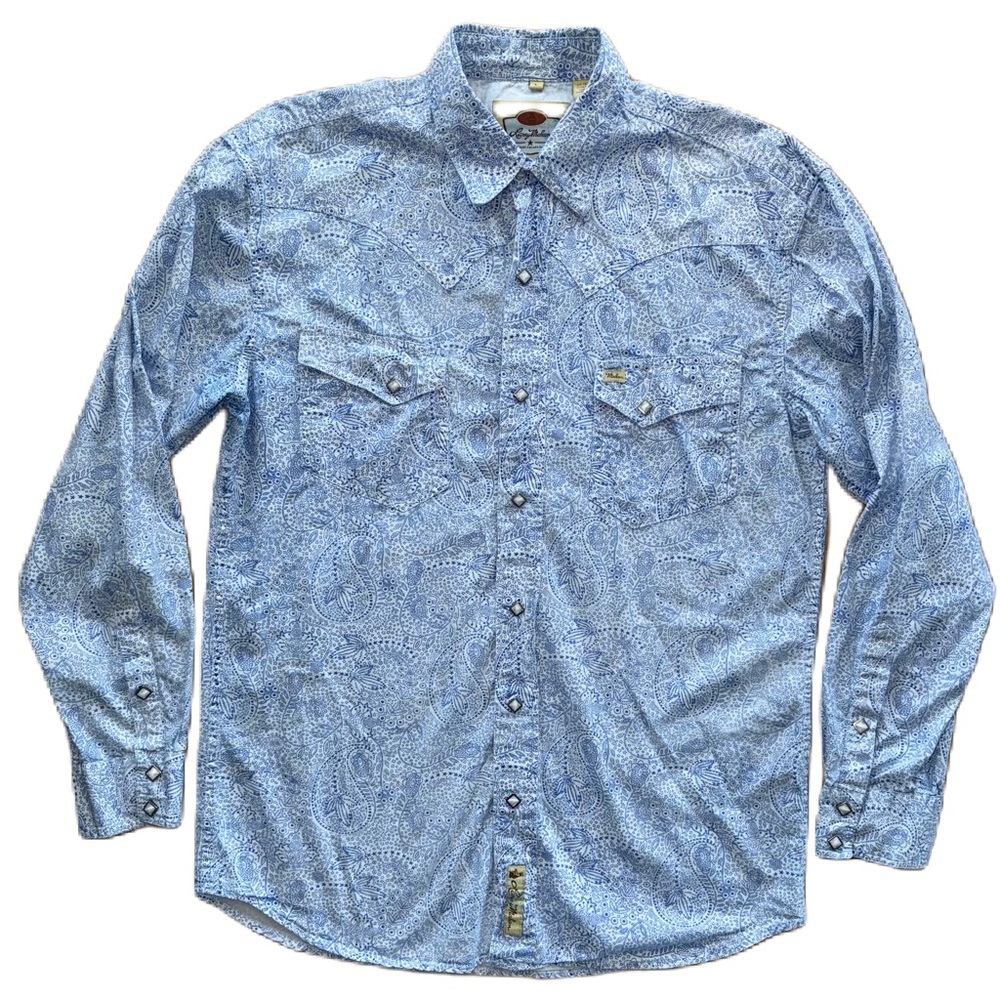 Larry Mahan Cowboy Collection Western Pearl Snap Blue & White Paisley SZ Large